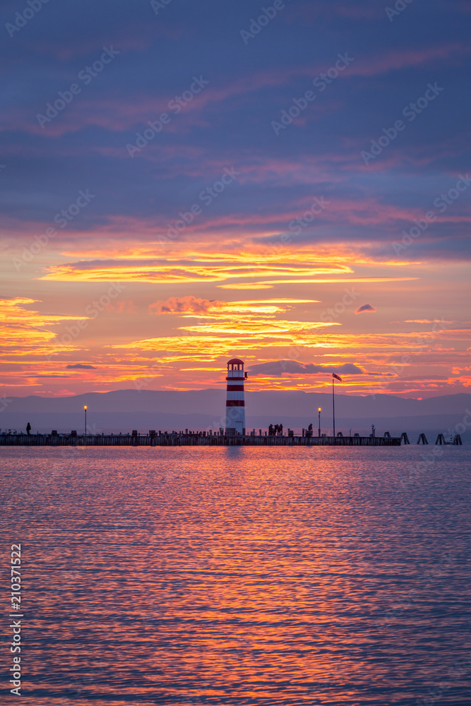 Lighthouse in Podersdorf am See at winter sunset, lake Neusiedler See, Burgenland, Austria