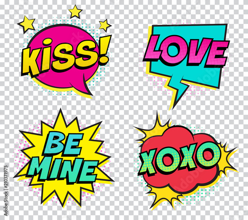 Retro colorful comic speech bubbles set for Valentine's Day. Isolated on trasparent background. Expression text KISS, LOVE, BE MINE, XOXO. Vector illustration, pop art style.