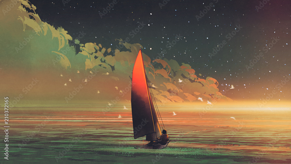 Fototapeta premium sailboat in the sea with the evening sunlight, digital art style, illustration painting