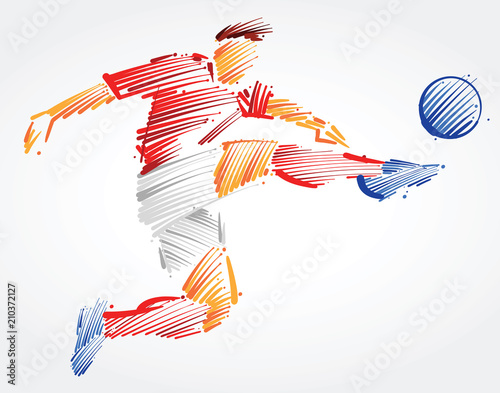 Soccer player flying to kick the ball made of colorful brushstrokes on light background