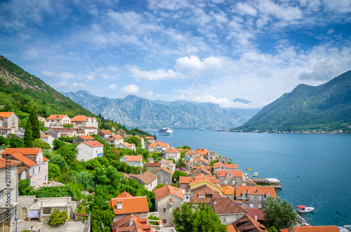 Beautiful mediterranean landscape - town Perast  Kotor bay  Boka Kotorska   Montenegro.