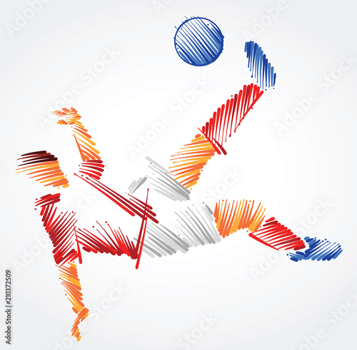 Soccer player stretching to dominate a ball made of colorful brushstrokes on light background