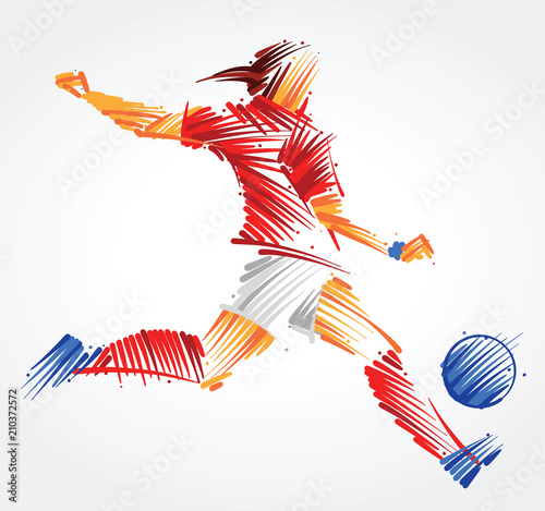 Brazilian woman soccer player kicking the ball made of colorful brushstrokes on light background