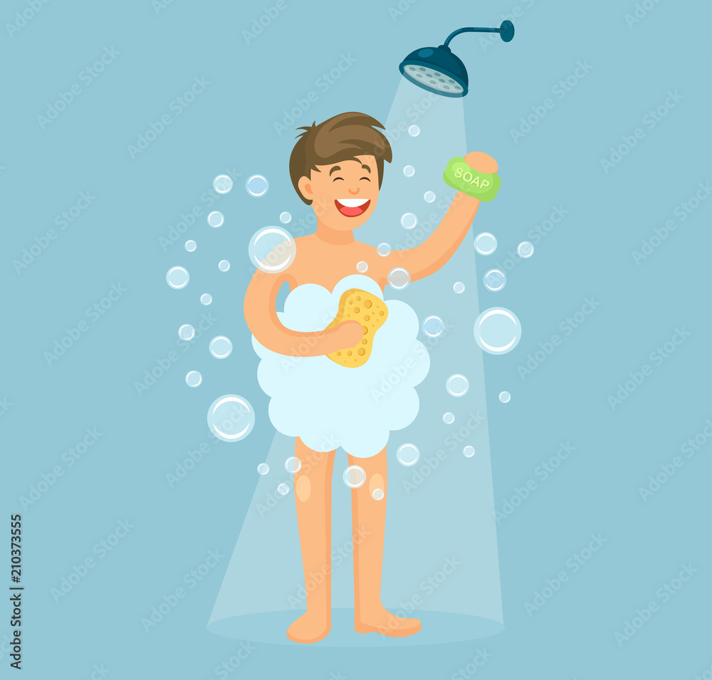 Happy man taking shower in bathroom. Wash head and hair with shampoo, soap.  Vector flat cartoon design vector de Stock | Adobe Stock