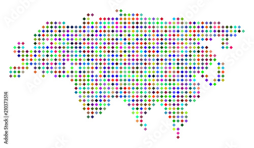 Multicolored dotted Eurasia map. Vector concept of Eurasia map combined of rhombus pixels array. Abstract geographic pixelated scheme in randomized colors.