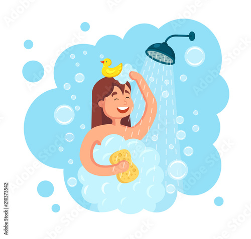 Happy woman taking shower with rubber duck in bathroom. Wash head, hair, body, skin with shampoo, soap, sponge. Hygiene, everyday routine. Vector flat cartoon design