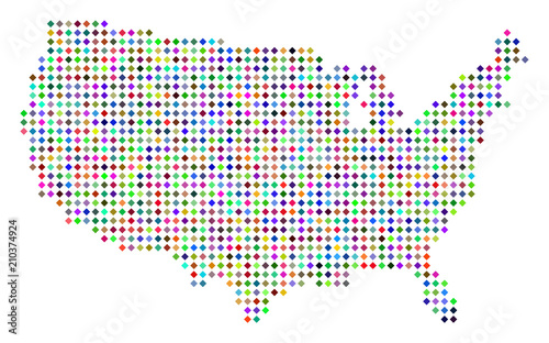 Multi colored dotted USA map. Vector concept of USA map done of rhombus points grid. Abstract geographic dotted pixelated plan in random colors.