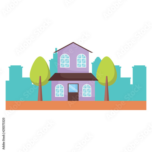 house and trees over landscape and white background, colorful design. vector illustration