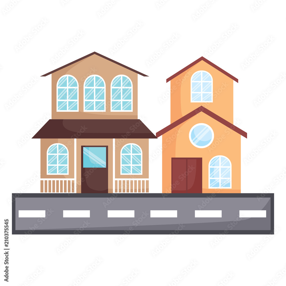 modern houses and street over white background, colorful design. vector illustration