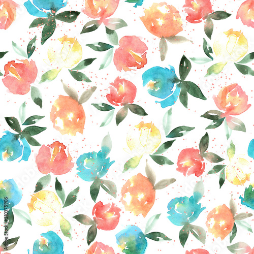 Watercolor flowers. Seamless watercolor floral pattern. For textiles, wrapping paper, cover, fabric, wallpaper. On a white background. © Mazikeen