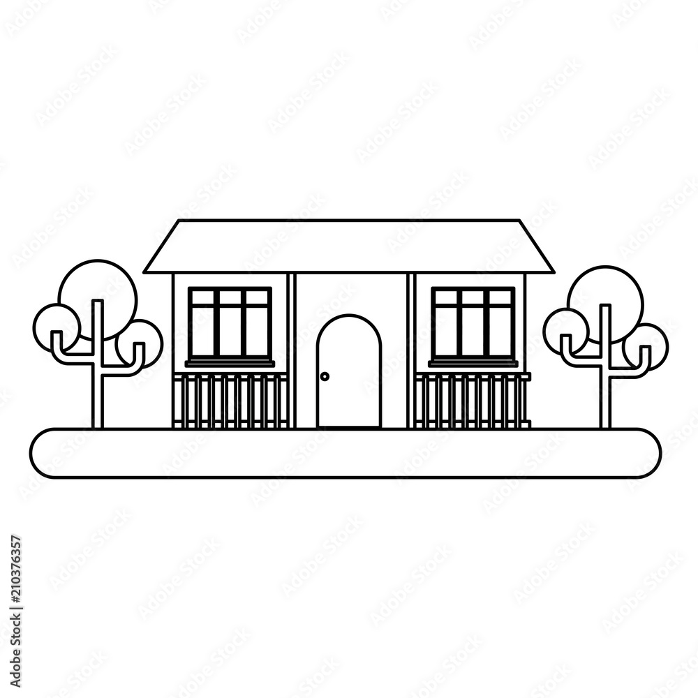 house and trees over landscape and white background, vector illustration
