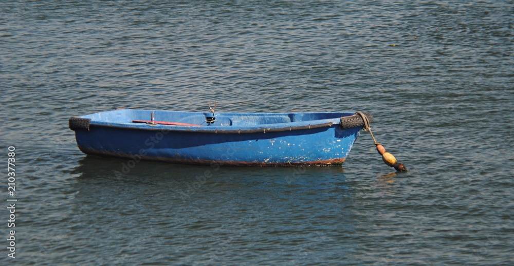 Naklejka premium Pequeno barco azul parado no meio de um rio