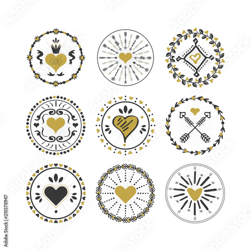 Black and golden circle hearts emblems and stamps set on white background