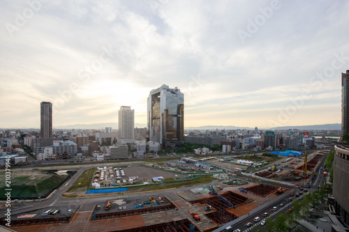 Osaka, Japan - June 22, 2018: View from roof of Osaka Station over construction site