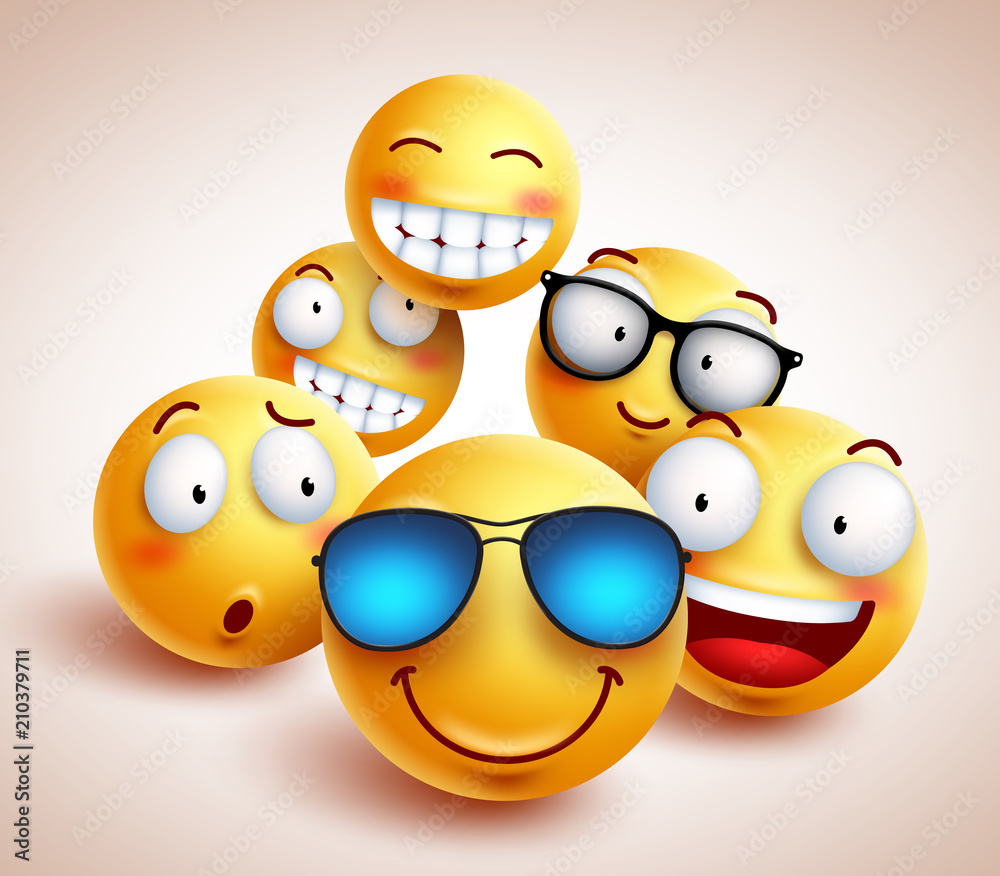 Smiley face emoticons vector characters with funny group of cool friends of  yellow smileys in different facial expressions. Vector illustration. Stock  Vector | Adobe Stock