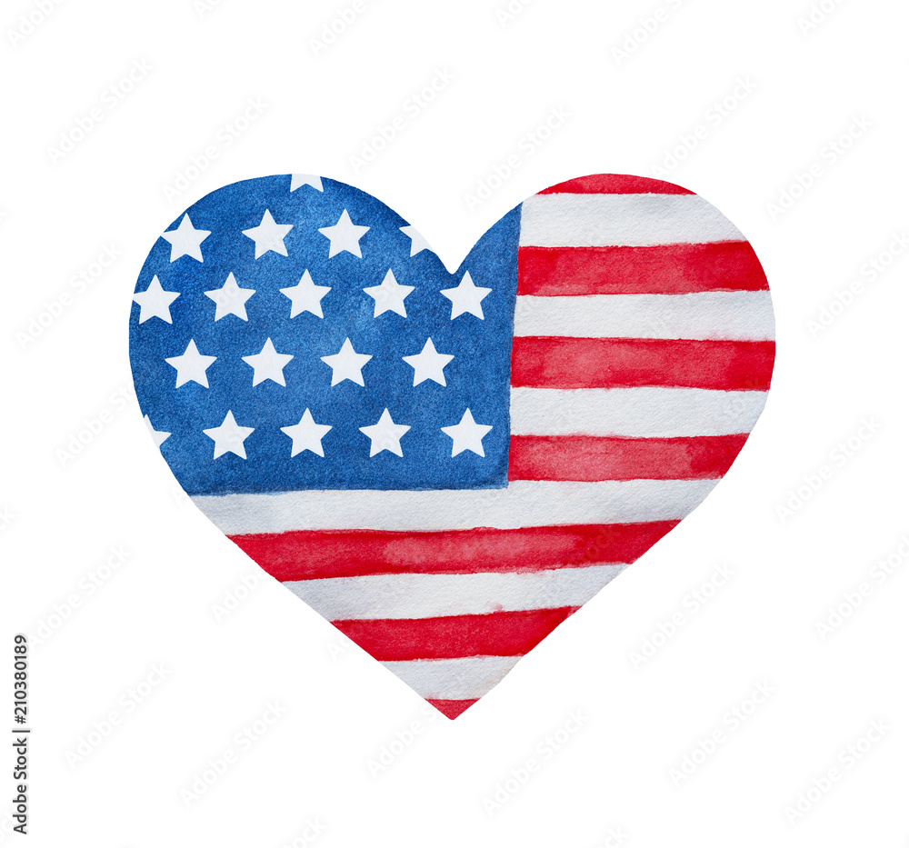 Heart shaped flag of Unites States of America. Stylized patriotic emblem, holiday decoration, sign, national symbol. Handdrawn water color graphic paint on white background, isolated clip art element. Heart shaped flag of Unites States of America. Stylized patriotic emblem, holiday decoration, sign, national symbol. Handdrawn water color graphic paint on white background, isolated clip art element.