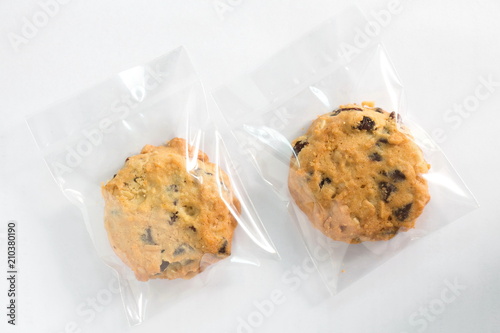 Cookie in plastic wrap packaging.