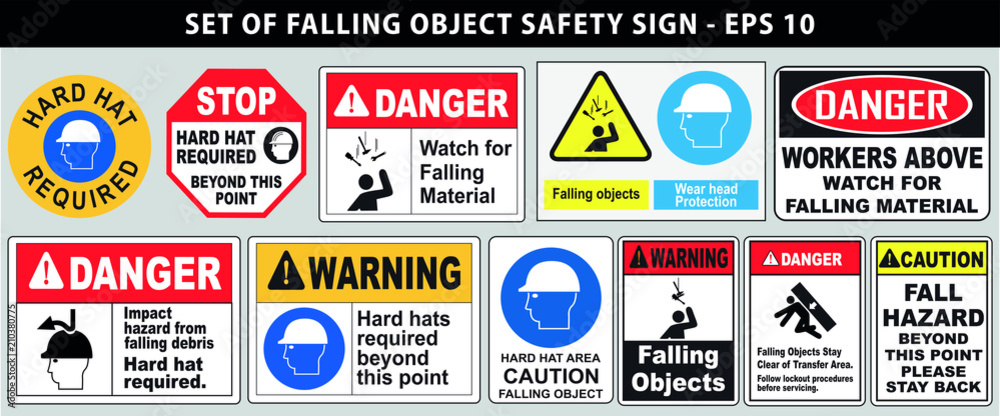 Plakat set of falling object hazard or hard hat safety sign. easy to modify