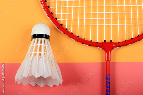 Summer fun minimal concept. Top view on badminton racket and shuttlecock. Sport. Pastel colours background.  Flat lay, mock up and copy space. Trendy colors.