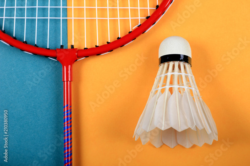 Summer fun minimal concept. Top view on badminton racket and shuttlecock. Sport. Pastel colours background.  Flat lay, mock up and copy space. Trendy colors.