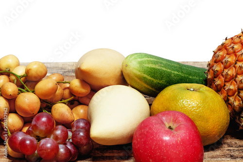 Fruit background together orange apple grape mango myanma grape pine apple cucumber many fresh fruits mixed