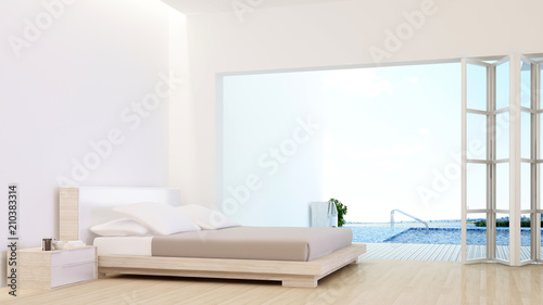 The interior minimal hotel bedroom space swimming pool 3d rendering and nature view background 