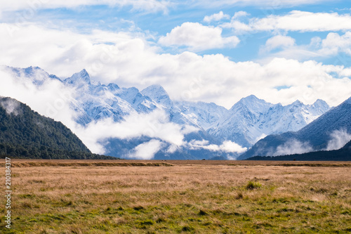 The stunning scene of grassland and alps at Eglinton Valley on the road to Milford Sound