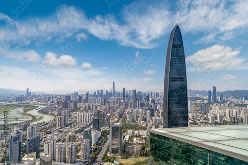 The modern buildings of the city skyscrapers.