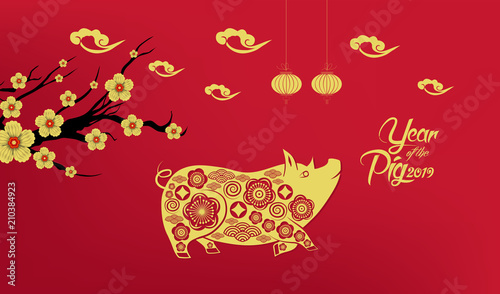 Happy Chinese New Year 2019 year of the pig paper cut style. Zodiac sign for greetings card, flyers, invitation, posters, brochure, banners, calendar