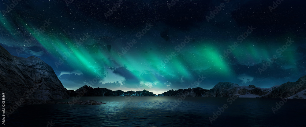 A beautiful green aurora dancing over the hills. 3d render realistic. A beautiful green aurora dancing over the hills. 3d render realistic.