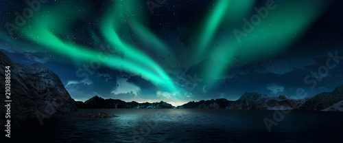 A beautiful green aurora dancing over the hills. 3d render realistic. © Aomarch