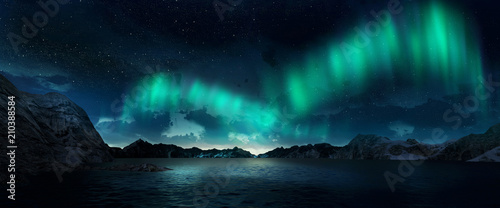 A beautiful green aurora dancing over the hills. 3d render realistic. © Aomarch