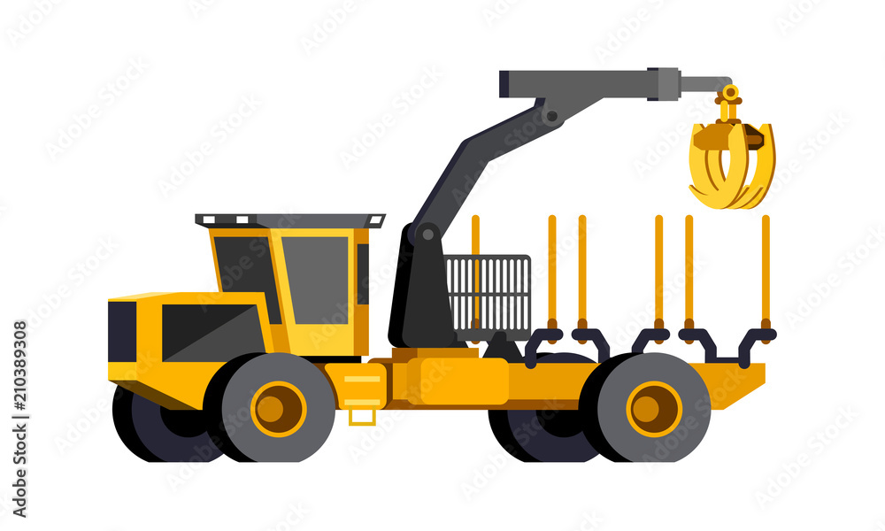 Minimalistic icon wheeled timber truck front side view. Timber loader vehicle. Modern vector isolated illustration.