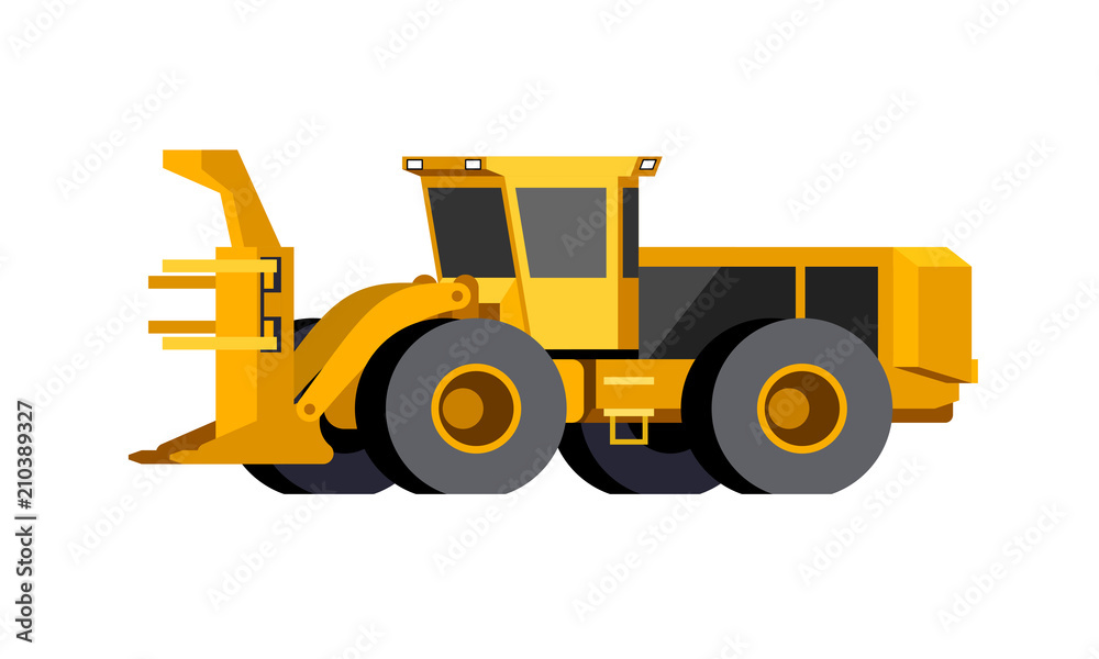Minimalistic icon wheeled feller buncher front side view. Feller vehicle. Modern vector isolated illustration.