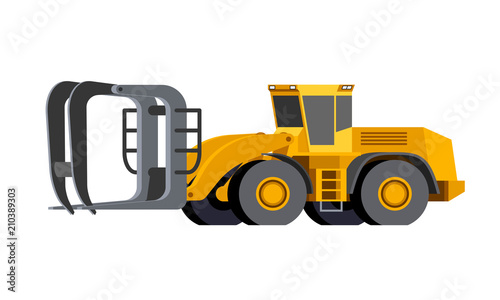 Minimalistic icon timber handling wheel loader front side view. Unloader logs vehicle for working at saw mill or lumber yard. Modern vector isolated illustration.