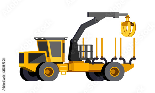 Minimalistic icon wheeled timber truck front side view. Timber loader vehicle. Modern vector isolated illustration.