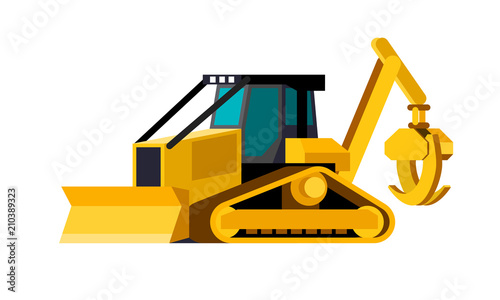 Minimalistic icon track skidder front side view. Grapple skidder tracked vehicle. Modern vector isolated illustration.