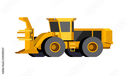 Minimalistic icon wheeled feller buncher front side view. Feller vehicle. Modern vector isolated illustration.
