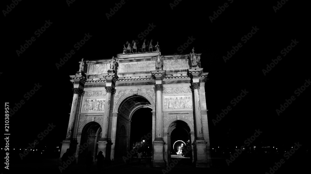 View of the Arc de Triomphe du Carrousel outside the Louvre in Paris, France