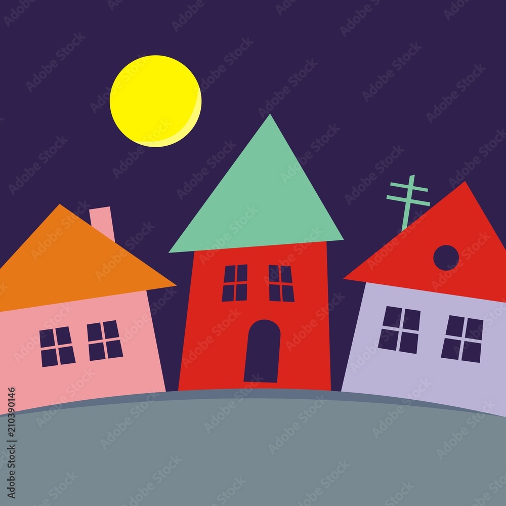 Village, colored silhouette of three houses, vector creative illustration	