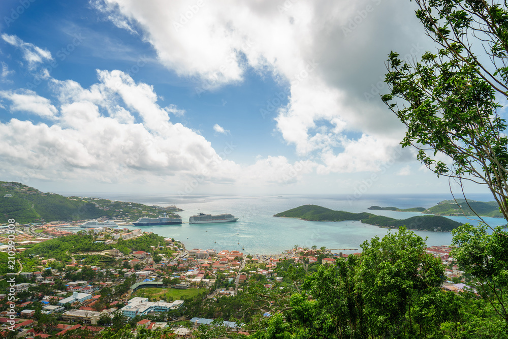 Three cruise ships in the port of St Thomas, US Virgin Islands