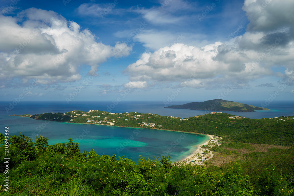 Aerial view of Magens Bay. Magens Bay, a tropical paradise dubbed as the most popular beach in St Thomas.
