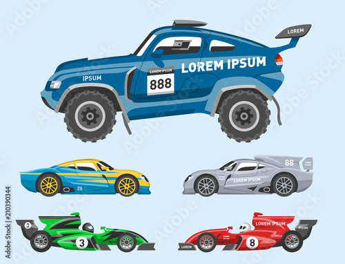 Sport race car vector speed automobile and offroad rally car colorful fast motor racing auto driver transport motorsport illustration. Championship extreme transportation