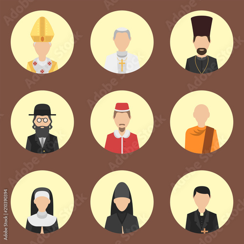 Religion people characters vector group of different nationalities human wearing traditional clothes