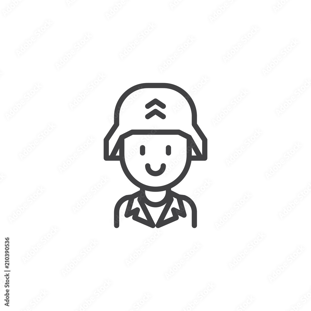Soldier portrait outline icon. linear style sign for mobile concept and web design. Military man in soldier helmet simple line vector icon. Symbol, logo illustration. Pixel perfect vector graphics
