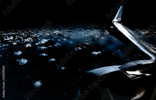 Airplane in night sky. Night airplane