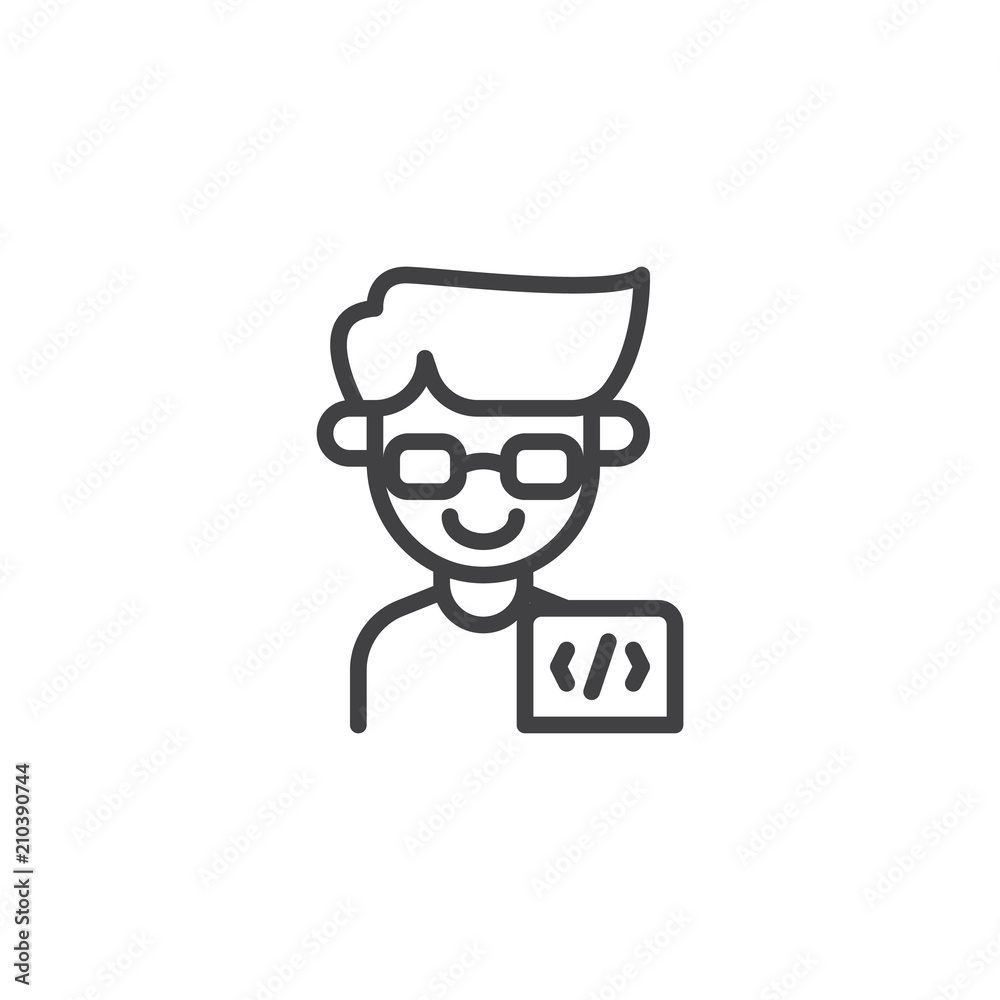 Programmer man outline icon. linear style sign for mobile concept and web design. Coder male simple line vector icon. Symbol, logo illustration. Pixel perfect vector graphics