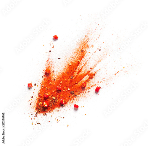 Obraz na plátně Red chili pepper, powder and flakes burst