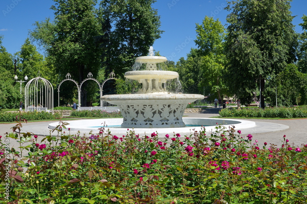 Beautiful openwork fountain in Gorky Park rose Garden, Moscow, Russia