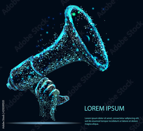 loudspeaker . Abstract image of a starry sky or space, consisting of points, lines, and shapes in the form of planets, stars and the universe. Low poly vector